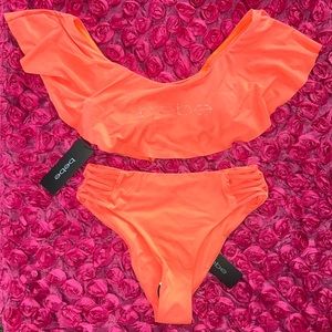 Bebe Womens Swim Bikini off-shoulder Top Neon tangerine Orange